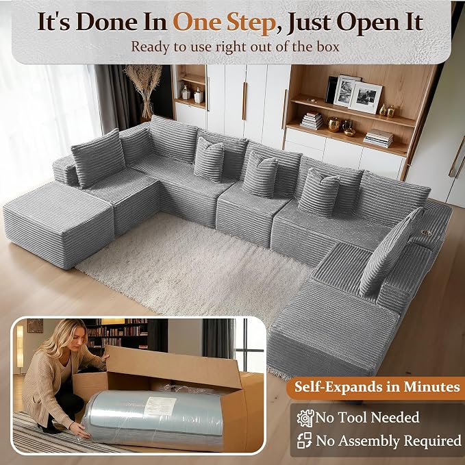 168" Cloud Sectional Couch, Comfort U Shaped Sofa for Living Room, Extra Deep Seats No Assembly, Minimalist Modular Couch, Corduroy (Light Grey, 9 Seats,U-Shape A)