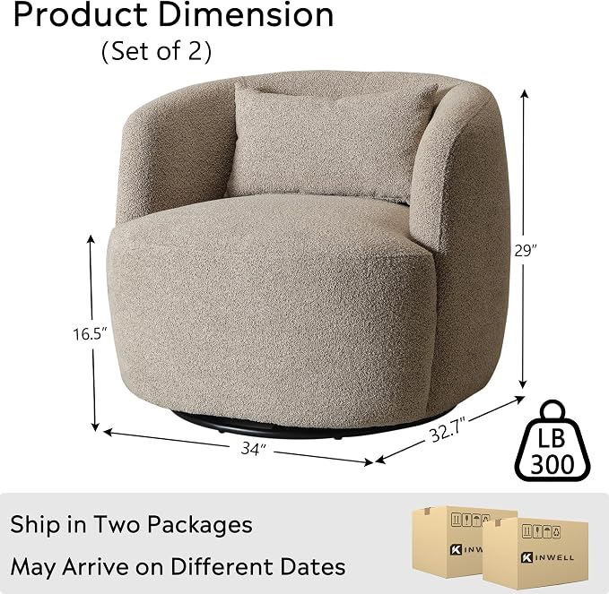 KINWELL 34" Wide Boucle Swivel Barrel Chairs Set of 2, No Assembly Round Upholstered Armchairs Accent Chairs Single Sofa Chair with Toss Pillow for Living Room and Bedroom, Taupe