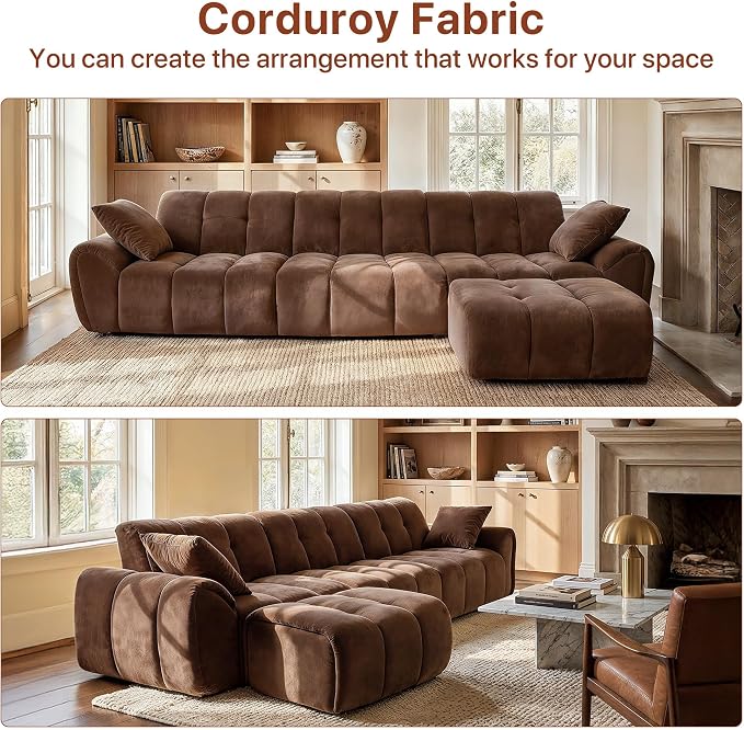 Claiks 118" Modern Boneless Couch, Corduroy Modular Cloud Sofa for Living Room, Deep Seat Sectional with Movable Ottoman, No Assembly Required, Brwon