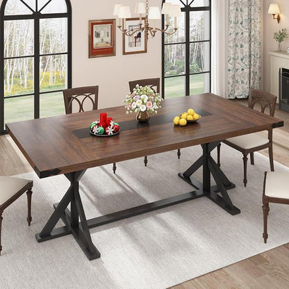 Hlivelood Dining Table for 6 8 People,Rectangular Kitchen Farmhouse Table W/Waterproof Wood Tabletop,Long Dining Room Tables W/Wood Strip Base for Kitchen Living Room(78IN BR&BK)