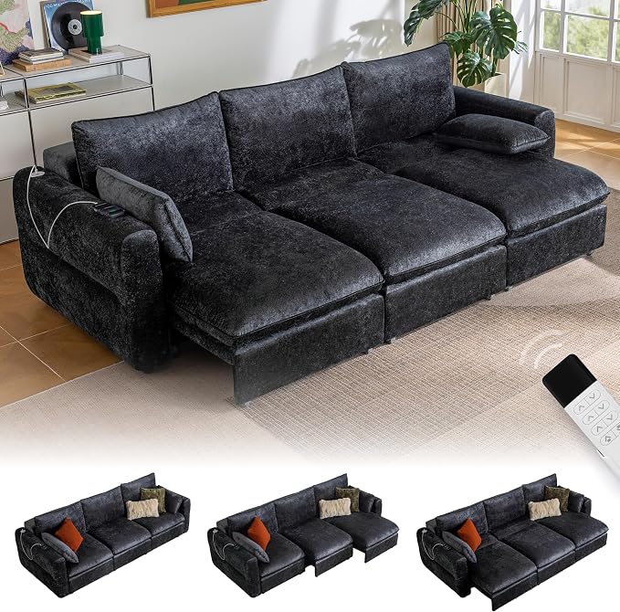 103" Electric Pull Out Sleeper Sofa Bed, 2in1 Convertible Power Extendable Couch Bed with Fast Charging USB&3 Smart Motor&Wide Back, Oversized Couches for Living Room&Small Space, Velvet Dark Grey