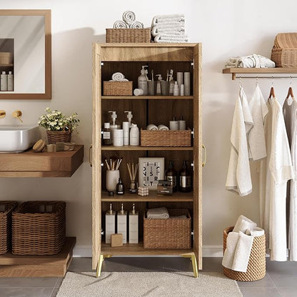JASIWAY Tall Bathroom Storage Cabinet 57" Rattan Pantry Cabinet, Wood | With Doors and Adjustable Shelves, Freestanding Linen Closet & Wardrobe for Bathroom Laundry Bedroom, Anti-Tipping Device
