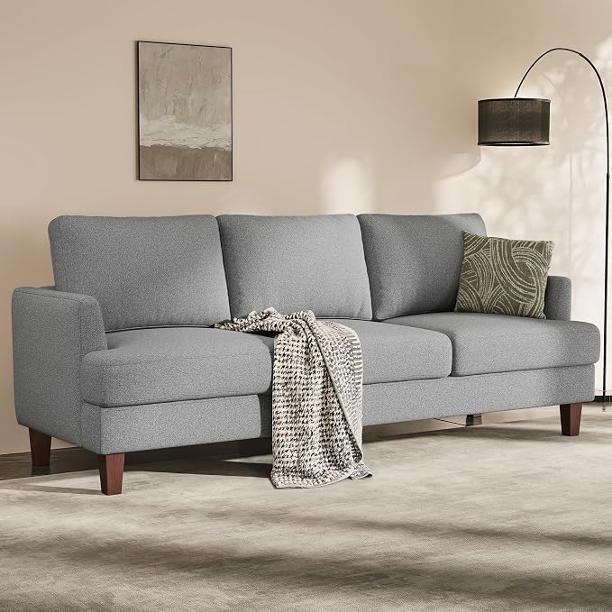 Busaurus 3 Seater Sofa Couch with Deep Seats, 89" Mid Century Modern Upholstered Sofa with Armrests, Comfy Couches for Living Room, Bedroom, Apartment and Office, Linen Light Grey