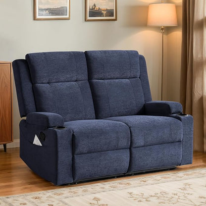 55" RV Loveseat Recliner – Space-Saving Double Reclining RV Sofa, Compact Theater Seating with Cup Holders & Storage Pocket, Blue Chenille Couch for Camper, Motorhome & Home Theater