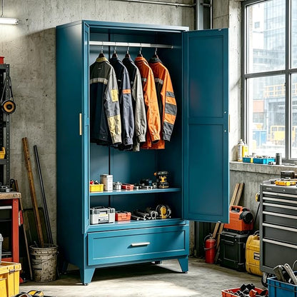 71" H Blue Closet,Armoire Wardrobe Closet,Metal Wardrobe Closet with Doors and Shelves,Large Wardrobe Closet for Bedroom