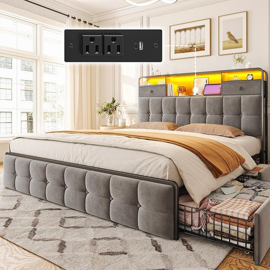 EnHomee Full Size Bed Frame with Velvet Upholstered Headboard and 6 Storage Drawers,Modern Bed Frame Full with LED Lights and Charging Station,No Box Spring Needed,Noise-Free, Easy Assembly,Grey