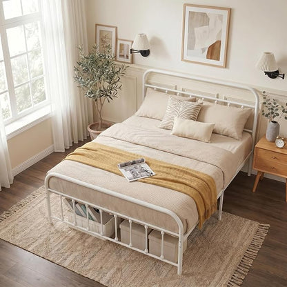 VECELO Classic White Victorian Style Metal Bed Frame with Headboard and Footboard Under Bed Storage No Box Spring Needed Strong Slat Suppor Bed Frame Full Size