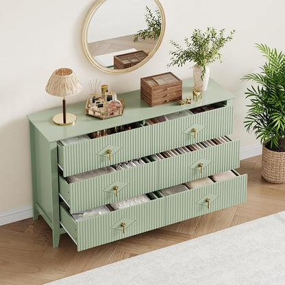 GarveeHome Fluted Dresser for Bedroom, 54 Inch Wide 6-Drawer Wood Dresser, Modern Chest of Drawers, Storage Organizer Cabinet for Living Room, Hallway, Entryway, Green