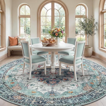 RELEANY Area Rugs Round 8ft Washable Non-Slip, Floral Vintage Distress Medallion Carpet for Living Room Bedroom Dining Room, Green Navy Blue White Red Teal