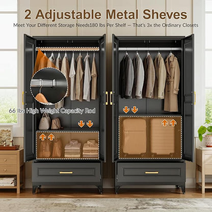 Metal Wardrobe Cabinets with Drawers,Black Armoire Wardrobe Closet with Hanging Rod,Clothes Storage Cabinet with Adjustable Shelves and Doors,Clothing Cabinet for Bedroom,Laundry Room