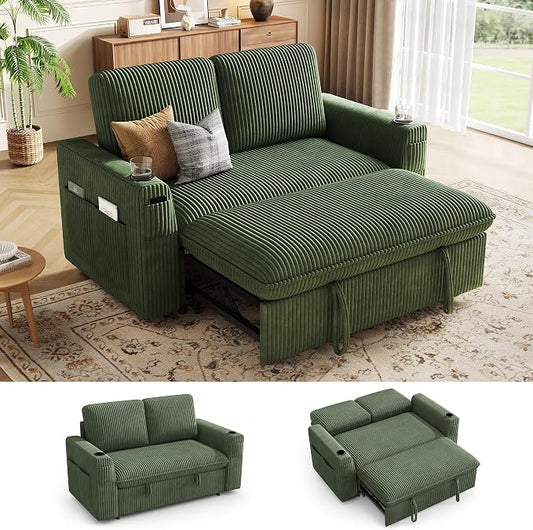 Sleeper Sofa with Pull Out Bed, Plush Corduroy Convertible Sofa Bed with Adjustable Backrest and Cup Holders, Loveseat Sleeper Couches for Living Room, Apartment, Green