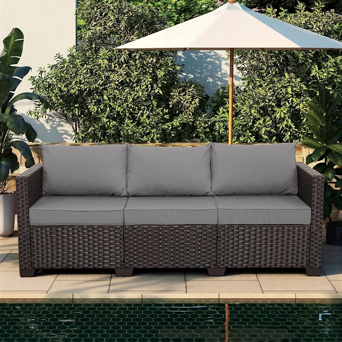 Valita Patio Furniture 3-seat Sofa Brown Wicker Outdoor Furniture Outdoor Couch Deep Seat High Backrest Waterproof Cover Anti-Slip Washable Cushions, Grey