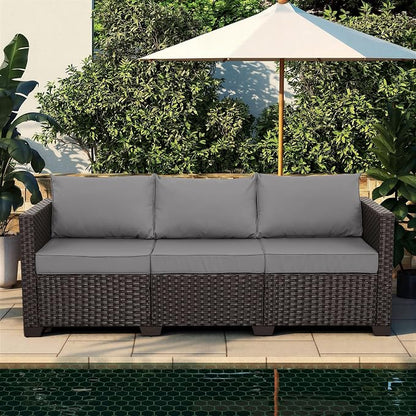 Valita Patio Furniture 3-seat Sofa Brown Wicker Outdoor Furniture Outdoor Couch Deep Seat High Backrest Waterproof Cover Anti-Slip Washable Cushions, Grey