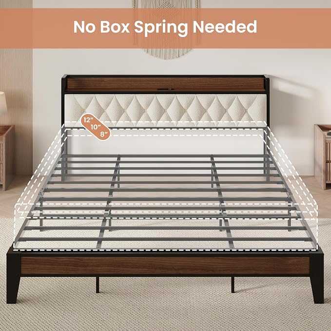 ANCTOR California King Bed Frame, Storage Headboard with Charging Station, Platform Bed Frame with Strong Metal Support, Sturdy and Stable, Noise Free, No Box Spring Needed, Easy Assembly, Walnut