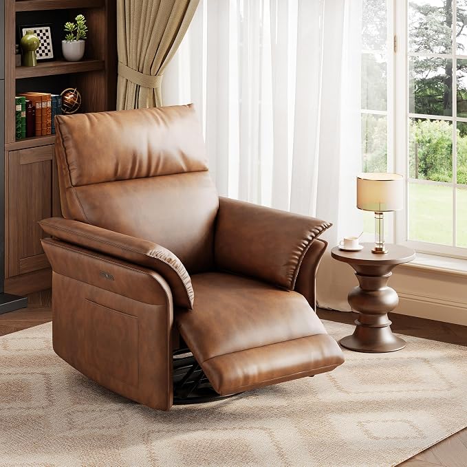 Power Recliner Chair with Side Pockets, 270° PU Leather Swivel & Glider Rocker Armchair with USB Charging Port and Thickened Dual-Layer Armrests, Modern Recliner for Living Room&Nursery (Walnut)