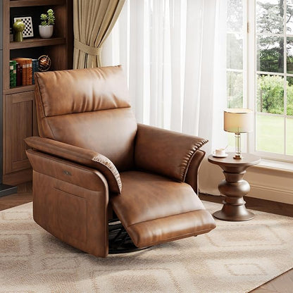 Power Recliner Chair with Side Pockets, 270° PU Leather Swivel & Glider Rocker Armchair with USB Charging Port and Thickened Dual-Layer Armrests, Modern Recliner for Living Room&Nursery (Walnut)