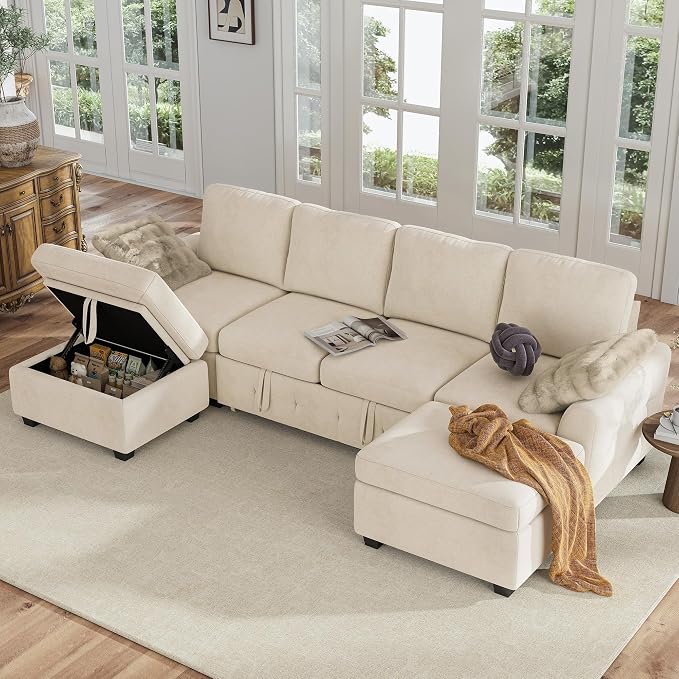 Hanherry 104" Sectional Couch with Pull Out Sofa Bed,Chenille Sleeper Sofa with Storage Ottoman & USB Charging,Comfy U Shaped Modular Couches for Living Room,Apartment