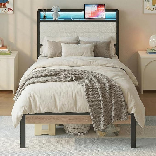 LIKIMIO Twin Bed Frame with Storage Headboard & LED Lights, Metal Platform Bed with Charging Station, Noise Free, No Box Spring Needed, Under Bed Storage, Natural and Cream