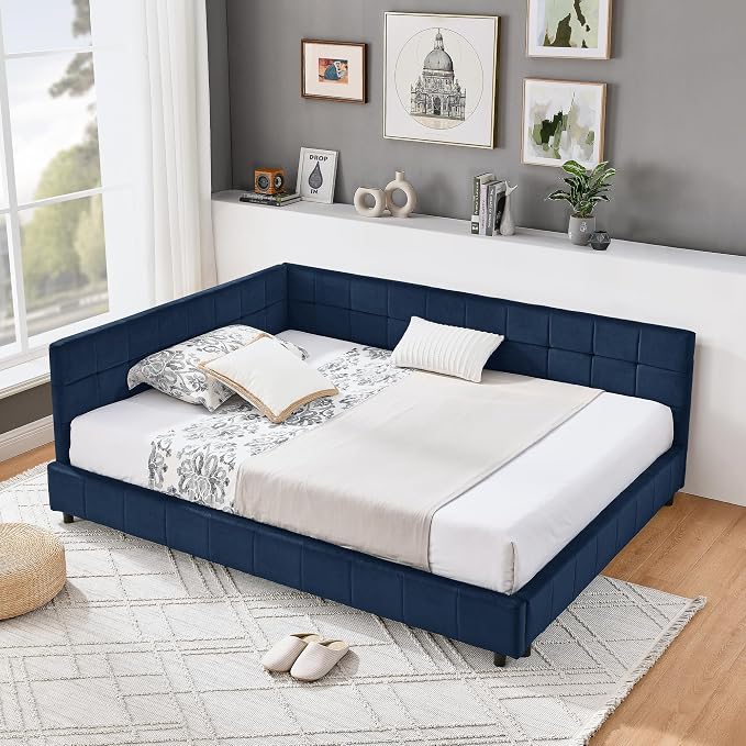 Bellemave Full Size Corner Bed Frame with Comfortable Backrest and Armrests, Velvet Tufted Corner Bed Frame Full Size, Upholstered Daybed for Bedroom, Living Room, Guest Room, Dark Blue