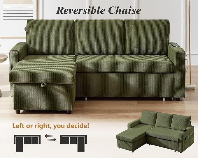 Vipbear 80" Sectional Sleeper Sofa Bed with Pull Out Bed, L Shaped Couch Pull Out Couch with Reclining Backrest, Reversible Storage Chaise, USB Ports, Tool-Free Assembly, Corduroy Olive Green