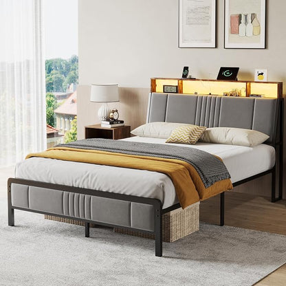BedsPick Full Size Bed Frame with Ergonomic Headboard, Upholstered Metal Platform Bed Full with 2-Tier Storage, Charging Station, Smart LED Lights, Easy Assembly, No Box Spring Needed, Gray