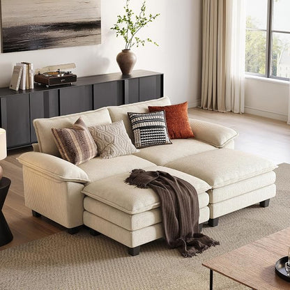 LINSY HOME 90'' Modular Sectional Sofa 2 Seat Couch Corduroy Cloud Couch with Deep Seat, Modern Cloud Couch with 2 Movable Ottoman for Living Room, Office, Bedroom, Beige
