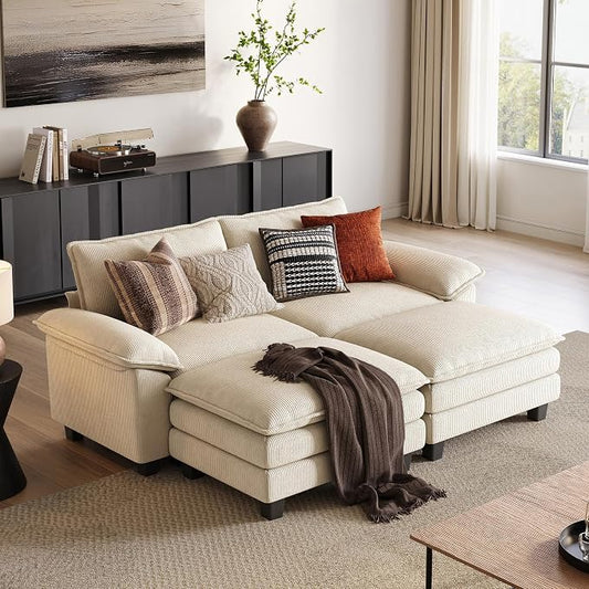 LINSY HOME 90'' Modular Sectional Sofa 2 Seat Couch Corduroy Cloud Couch with Deep Seat, Modern Cloud Couch with 2 Movable Ottoman for Living Room, Office, Bedroom, Beige