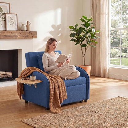 3-in-1 Convertible Sleeper Bed, Pull Out Single Sofa Bed with Adjustable Backrest, Foldable Recliner Sofa with Side Table & USB Port, Sleeper Chair for Living Room, Home Office, Blue
