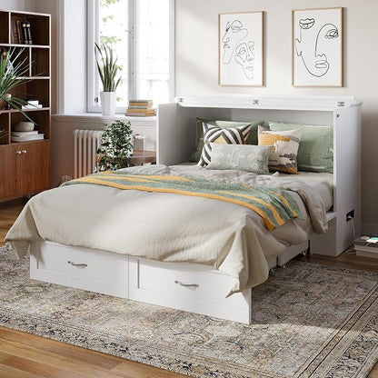 AFI Hamilton Full Murphy Bed Chest with Mattress, Storage, and Built-in Charger in White