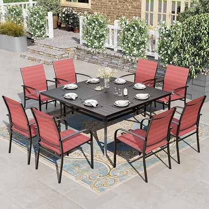 HERA'S HOUSE Patio Dining Set 9 Pieces, Outdoor Table and Chairs Set for 8, 8 x Red Textilene Dining Chair, 57.5" Square Metal Dining Table with 1.57" Umbrella Hole, for Lawn Garden Backyard Deck