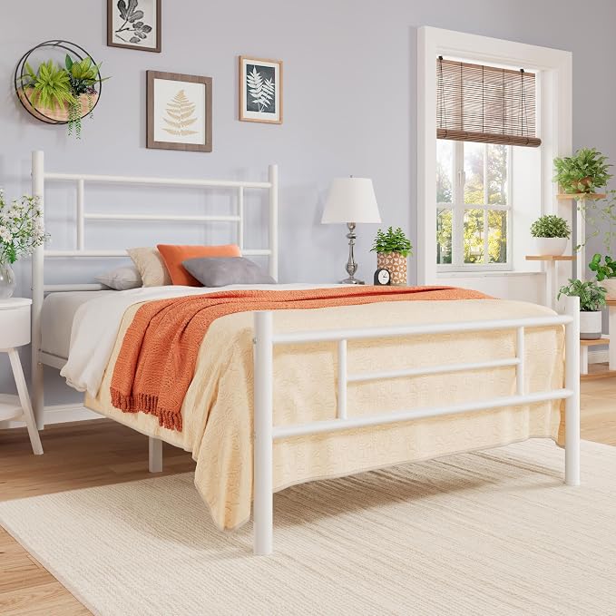 Allewie 14 Inch Twin Size Metal Platform Bed Frame with Headboard and Footboard, Underbed Storage, Strong Metal Slats Support, Mattress Foundation, No Box Spring Needed, Easy Assembly, White