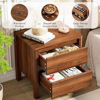 Furniway Mid Century Walnut Nightstand with 2 Drawers, Modern Wooden Bedside Table with Hidden Handles and Solid Wood Legs for Bedroom