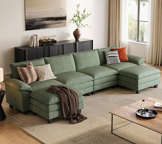 LINSY HOME 157'' Modular Sectional Sofa 4 Seat Couch Corduroy Cloud Couch with Deep Seat, Modern U-Shaped Cloud Couch with 2 Movable Ottoman for Living Room, Office, Bedroom, Green