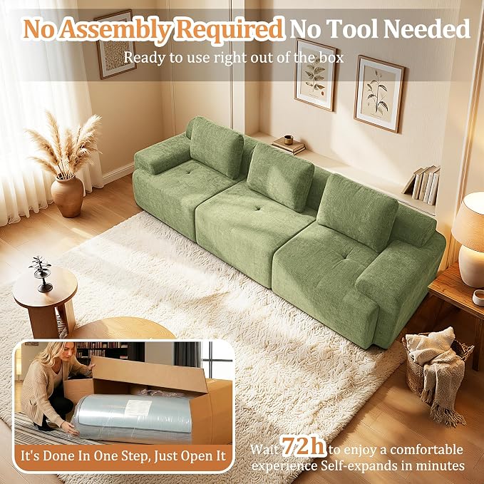 122" Oversized Boneless Couch, Comfort Cloud Sectional Couches for Living Room, Modular Sofa High Back & Extra Deep Seat, No Assembly, Soft Chenille Fabric (Olive Green, 122 inch-（3+0）)