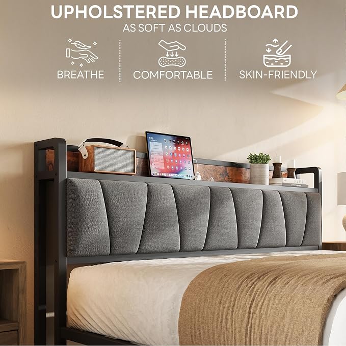 LIKIMIO Queen Bed Frame, Storage Headboard with Charging Station, Solid and Stable, Noise Free, No Box Spring Needed, Easy Assembly
