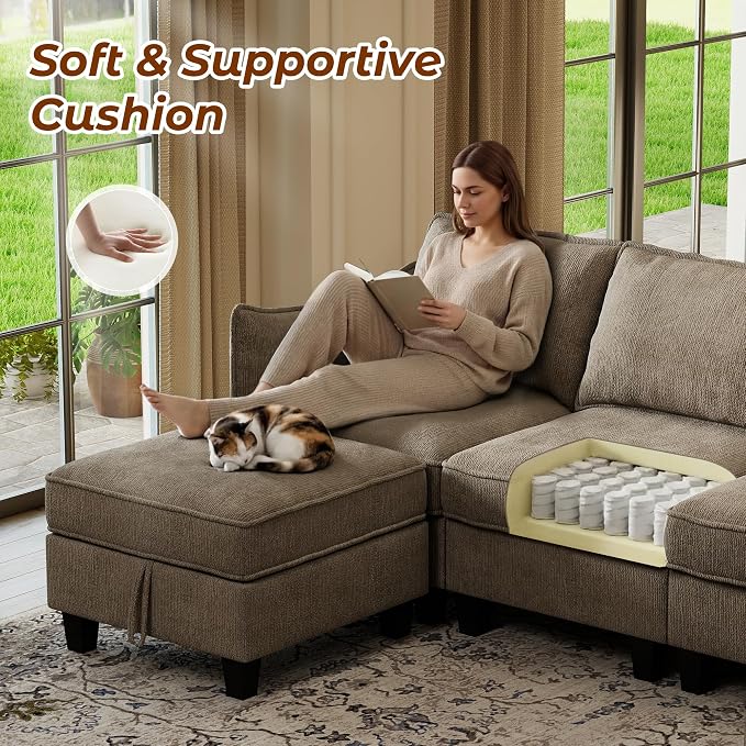 WorthFurni Modular Sectional Sofa L Shape Couches with Storage Ottoman and Washable Cushion Cover for Living Room, Apartment, Bedroom(Brown)