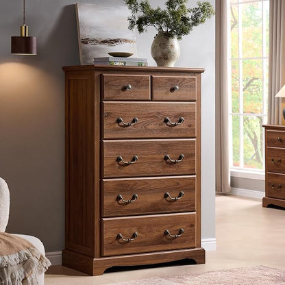 T4TREAM Farmhouse Dresser and Nightstand Sets of 3, 48" Tall 6 Drawers Dresser & 2-Drawer Nightstands Set, Wood Bedroom Furniture Set for Home, Hallway, Bedroom, Light Walnut