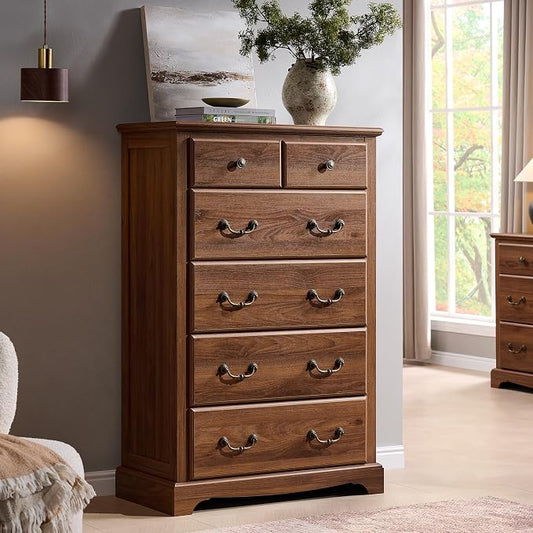 T4TREAM Farmhouse Dresser and Nightstand Sets of 3, 48" Tall 6 Drawers Dresser & 2-Drawer Nightstands Set, Wood Bedroom Furniture Set for Home, Hallway, Bedroom, Light Walnut