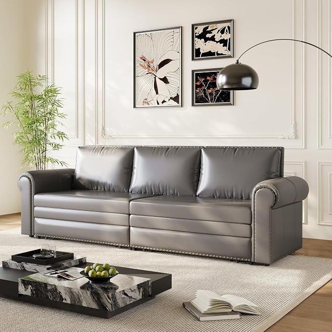 93.7" King Size Sleeper Sofa Bed, Pull Out Sofa Bed, Faux Leather Upholstery, 3 in 1 Convertible Sleeper Couch, Chaise Lounge, Retro Recliner for Living Room, Apartment, Office, Grey