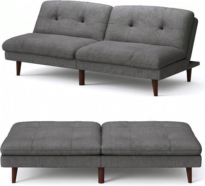 Flamaker Futon Sofa Bed Modern Folding Futon Set Convertible Recliner Lounge for Living Room with Adjustable Backrest (Linen, Grey)