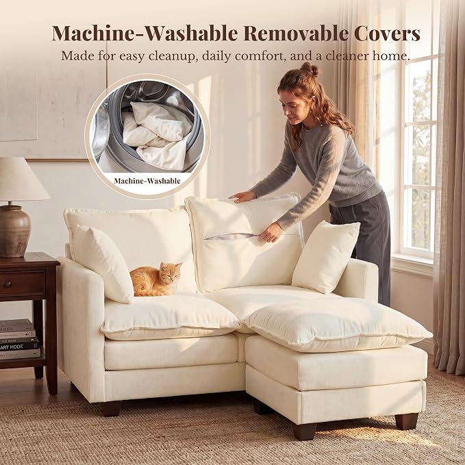 Loveseat Sofa with Ottoman, Cloud 3-Layer Cushion & 27" Deep Seat Modern Small Couch with 2 Washable Pillows for Small Spaces, Bedroom, Apartment, Office, Living Room, in a Box, 50-Inch Beige