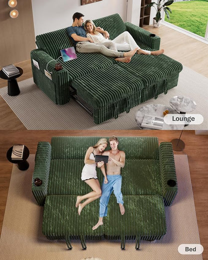 Sunny Heart 91" Plush Corduroy L Shaped Sectional Sleeper Sofa Bed with Pull Out Bed, Reclining Backrest, Reversible Storage Chaise, USB Ports, Cup Holders, Tool Free Assembly,Forest Green