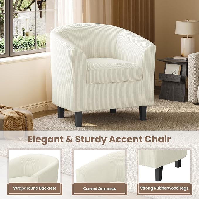 Topeakmart Corduroy Club Chair, Modern Accent Barrel Chair with Sturdy Wood Legs for Living Room Bedroom Reception Room, Set of 2, Beige