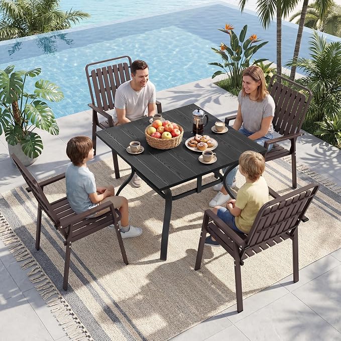 Outdoor Dining Set Rectangle Table and Chairs for 4, All Weather Patio Furniture Set with Umbrella Hole Metal Dining Set for Deck Backyard Pool (Black & Brown, 5-Piece(1 Table + 4 Chairs))