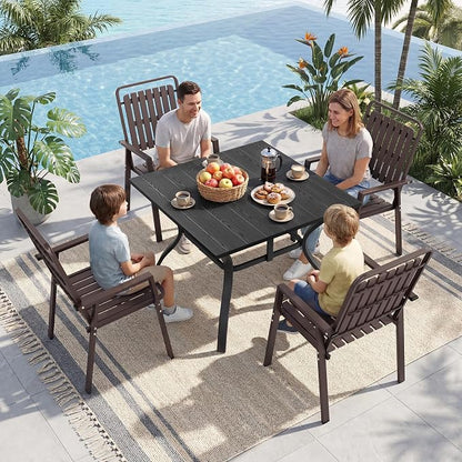 Outdoor Dining Set Rectangle Table and Chairs for 4, All Weather Patio Furniture Set with Umbrella Hole Metal Dining Set for Deck Backyard Pool (Black & Brown, 5-Piece(1 Table + 4 Chairs))