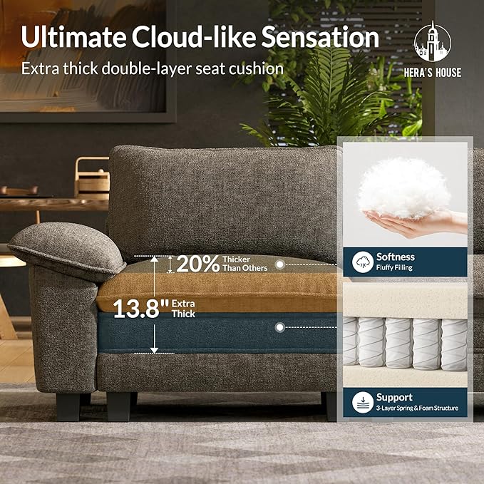 HERA'S HOUSE 124" Oversized Modular Sectional Sofa, Comfy U Shaped Couches for Living Room, Cloud Couch with Ottoman, 5-Seater Deep Seat Sofa with Throw Pillow, Chenille Ash