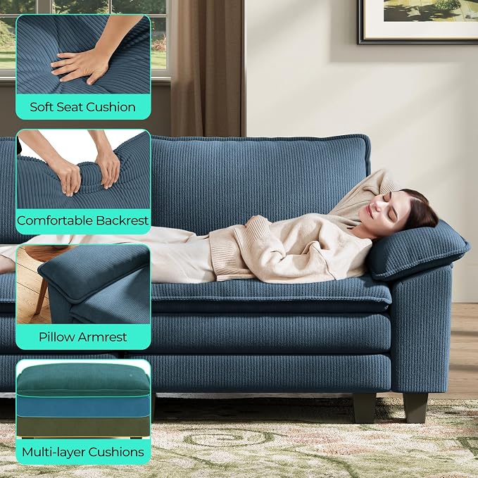 LINSY HOME 157'' Modular Sectional Sofa 4 Seat Couch Corduroy Cloud Couch with Deep Seat, Modern Cloud Couch for Living Room, Office, Bedroom, Blue
