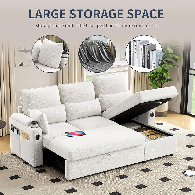 81" L-Shaped Sectional Sofa Couch, Pull-Out Sleeper Sofa Bed with Storage Chaise, Double Cup Holders, Dual USB Charging Ports, Couches for Living Room Apartment