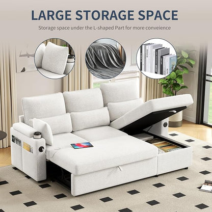 81" L-Shaped Sectional Sofa Couch, Pull-Out Sleeper Sofa Bed with Storage Chaise, Double Cup Holders, Dual USB Charging Ports, Couches for Living Room Apartment