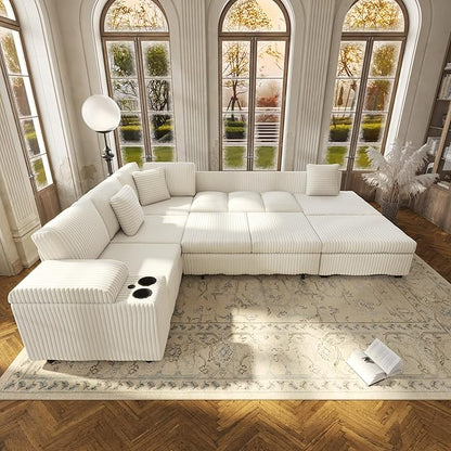 KEIKI 110" L-Shaped Oversized Plush Corduroy Modular Sectional Sofa with Pull-Out Bed, Convertible 6-Seater Sleeper Couch Bed with 1 Ottomans & USB & Cup Holders, Easy Assembly, for Living Room, Beige